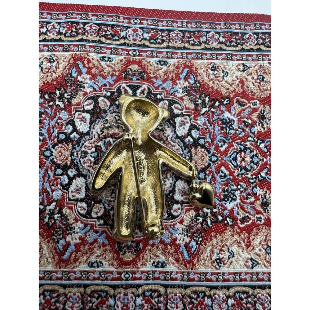Carolee Vtg‎ Gold Tone Teddy Bear Brooch Red Enamel Bow Heart Charm Rhinestone